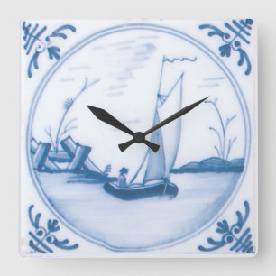 Reloj Cuadrado Barco de vela blanco azul arte vintage Delft