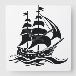 Reloj Cuadrado Barco de Vela de Sombra – Ilustración Oceánica Vin
