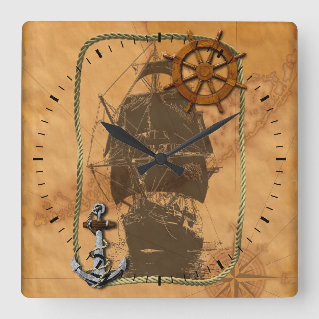 Reloj Cuadrado Barco De Vela Histórico Y Mapa Náutico (Anverso)