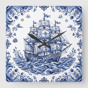 Reloj Cuadrado Barco Mercante Estilo Delft Azul Blanco