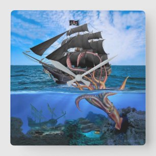 Reloj Cuadrado Barco pirata vs el calamar gigante