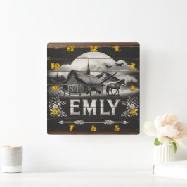 Reloj Cuadrado Barne y caballo rústico al atardecer en el campo