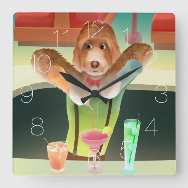 Reloj Cuadrado Bartending Dog in Retro Bar (Anverso)