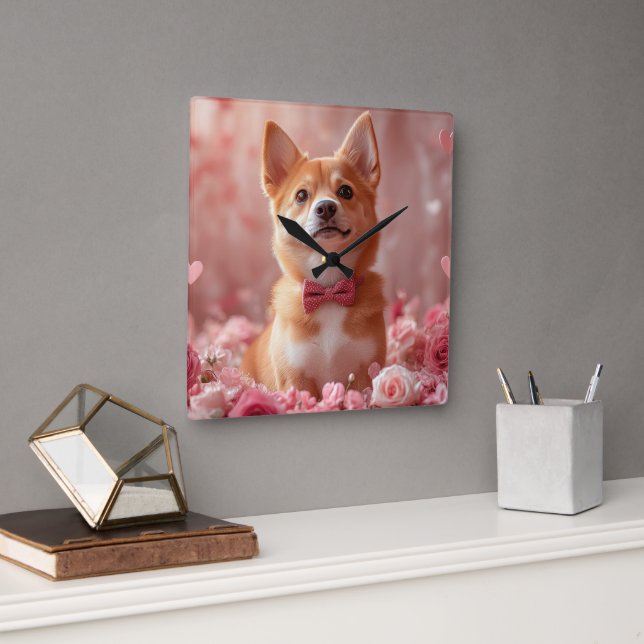 Reloj Cuadrado Basenji con Rosas - Día de San Valentín (Oficina)