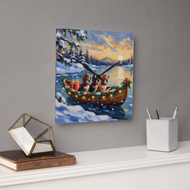 Reloj Cuadrado Basset Hound Christmas Boat Holiday (Oficina)