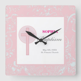 Reloj Cuadrado Bautismo Chica de encaje rosado