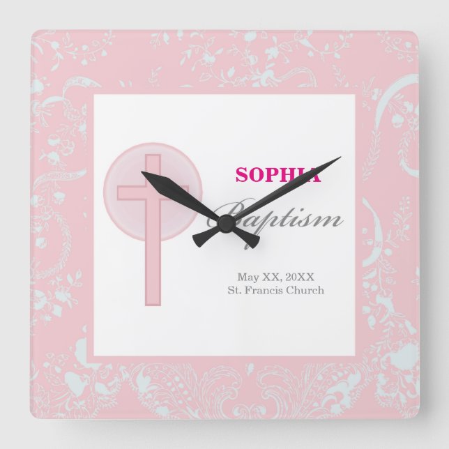 Reloj Cuadrado Bautismo Chica de encaje rosado (Anverso)