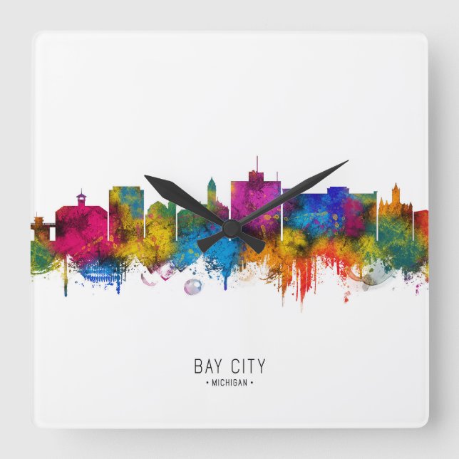 Reloj Cuadrado Bay City Michigan Skyline (Anverso)