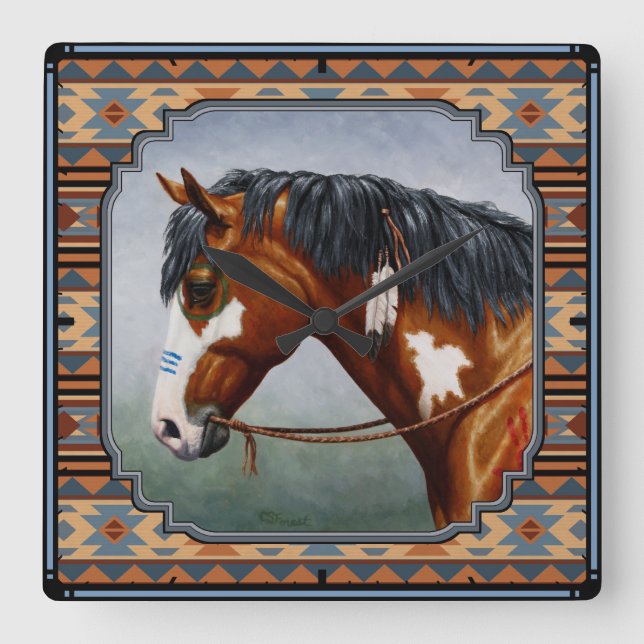 Reloj Cuadrado Bay Pinto War Horse Southwestern Design (Anverso)
