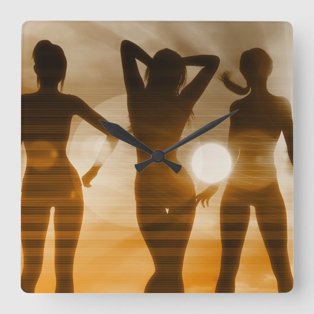 Reloj Cuadrado Beach Babes Sunset Silhouette con el sol (Anverso)