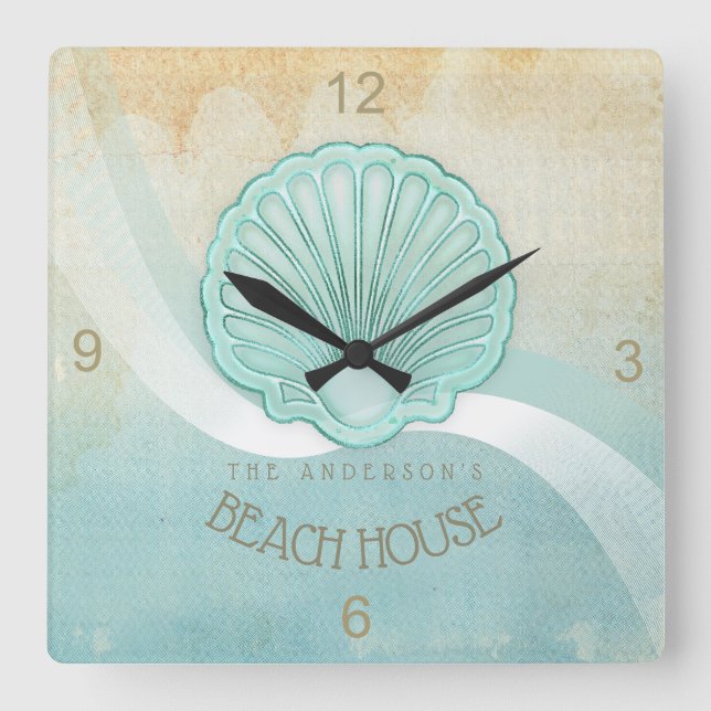 Reloj Cuadrado Beach House Clam Shell Aqua Blue ID623 (Anverso)