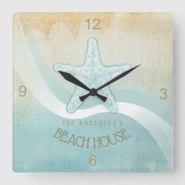 Reloj Cuadrado Beach House Nautical Starfish Aqua Blue ID623