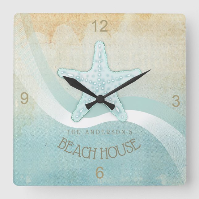 Reloj Cuadrado Beach House Nautical Starfish Aqua Blue ID623 (Anverso)