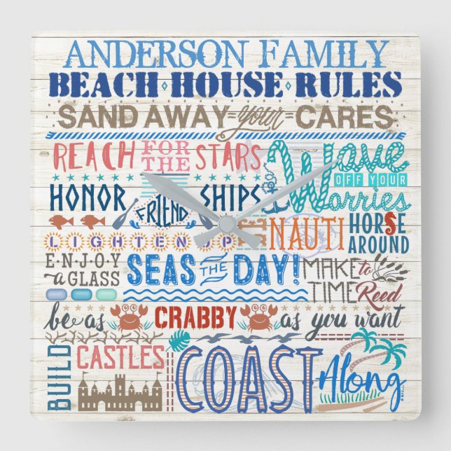 Reloj Cuadrado Beach House Rules Personalized Family Name Coastal (Anverso)