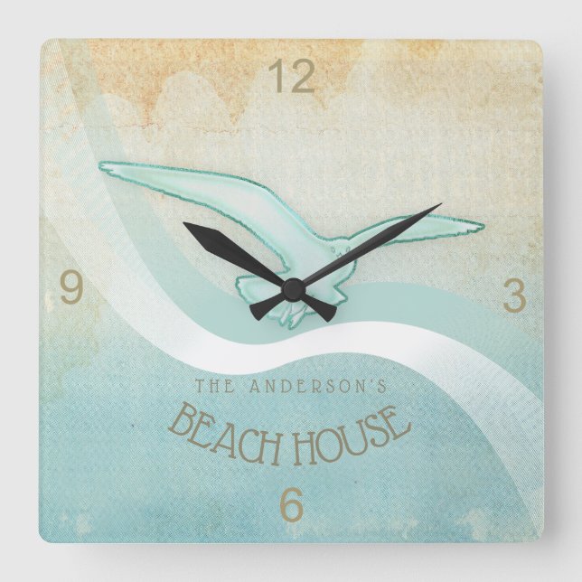 Reloj Cuadrado Beach House Seagull Aqua Blue ID623 (Anverso)