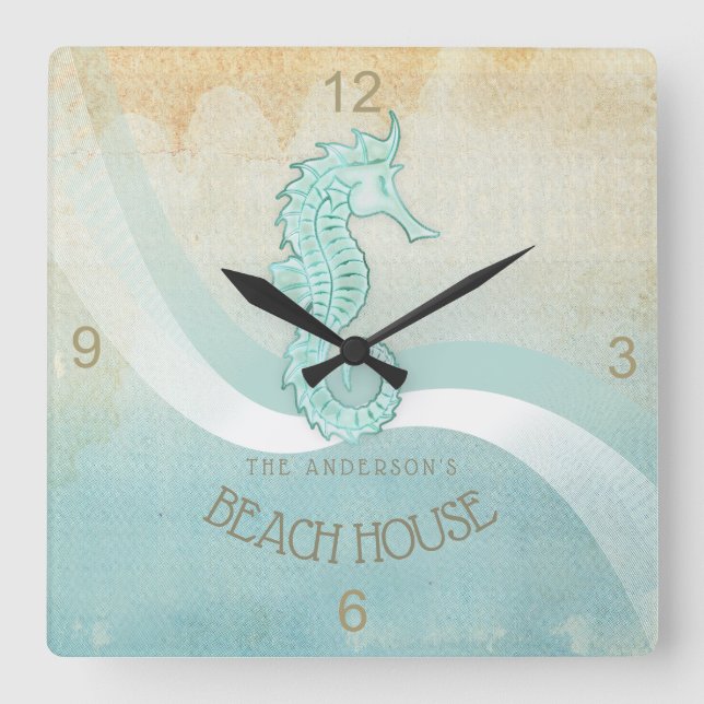 Reloj Cuadrado Beach House Seahorse Aqua Blue ID623 (Anverso)