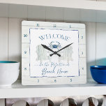 Reloj Cuadrado Beach House Watercolor Adirondack Presidente Craba<br><div class="desc">Personalizado con el nombre o mensaje de su familia en un divertido tipo de letra manuscrita. El artista y diseñador con licencia internacional,  Audrey Jeanne Roberts,  creó un cangrejo azul acuarela y un borde de madera blanca artesanal,  así como un par de sillas Adirondack.</div>
