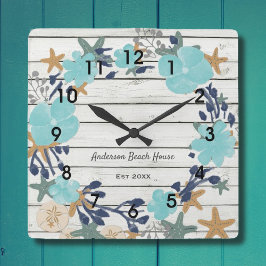 Reloj Cuadrado Beach Planks and Starfish