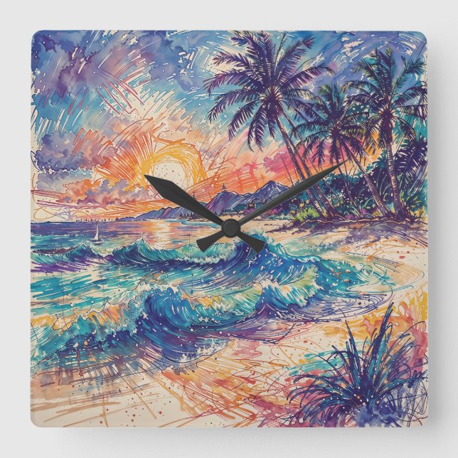 Reloj Cuadrado Beach Scribbles - Line Art Style Landscape (Anverso)