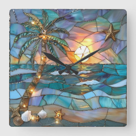 Reloj Cuadrado Beach Sunset Stained Glass Wall Clock