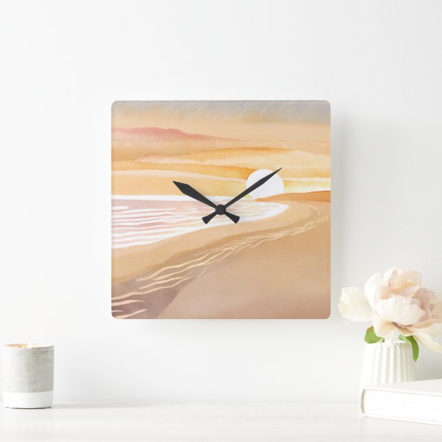 Reloj Cuadrado Beach Sunset Watercolor | Amarillo hermoso (Hogar)