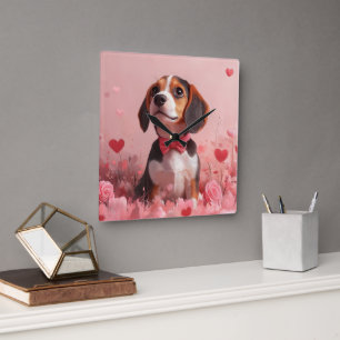 Reloj Cuadrado Beagle con Rosas - Día de San Valentín