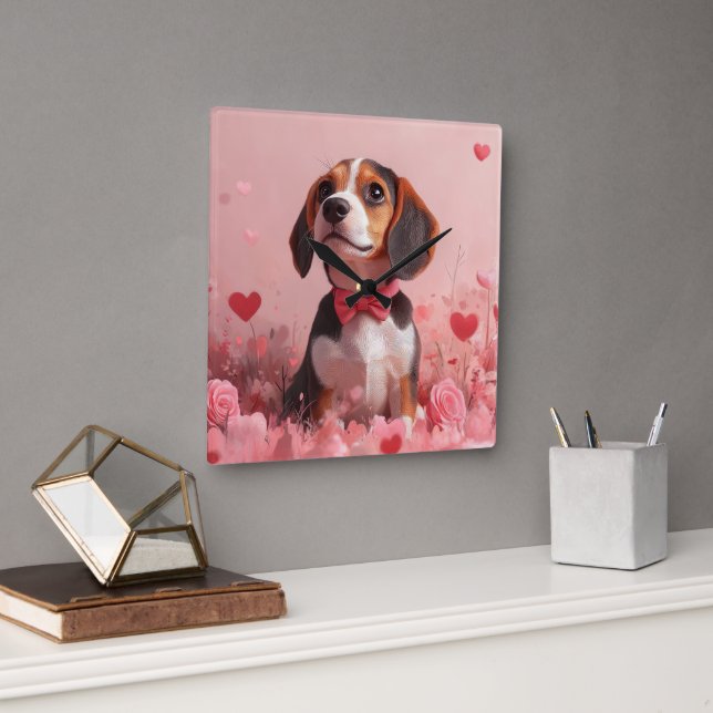 Reloj Cuadrado Beagle con Rosas - El día de San Valentín (Oficina)