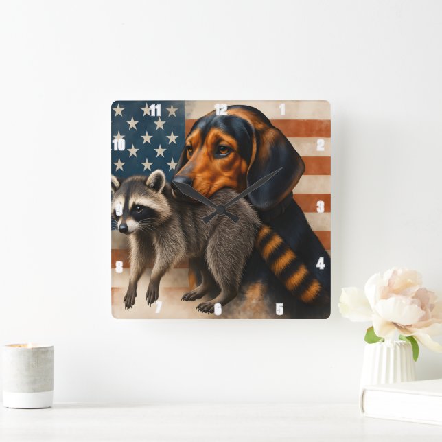 Reloj Cuadrado Beagle Dog Y Raccoon Ilustracion Con American (Hogar)