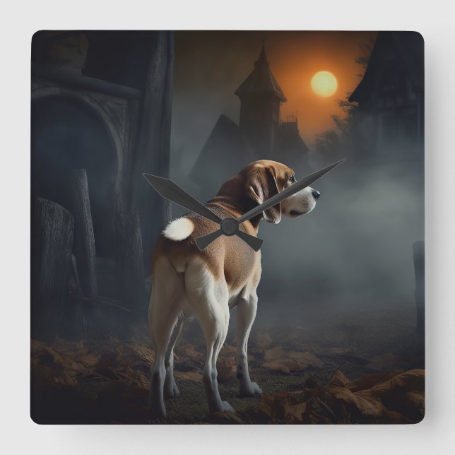 Reloj Cuadrado Beagle Halloween Espantoso (Anverso)