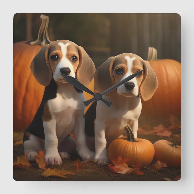 Reloj Cuadrado Beagle Puppy Calabaza deslumbrante de otoño (Anverso)