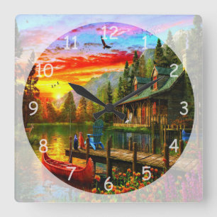 Reloj Cuadrado Beautiful Evening Sunset at the Cabin