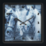 Reloj Cuadrado Beautiful Horse Team Winter Photo<br><div class="desc">A clock with a photograph of a pair of horses hitched together. A snowy day and a blue filter creates a magical scene.</div>