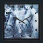 Reloj Cuadrado Beautiful Horse Team Winter Photo<br><div class="desc">A clock with a photograph of a pair of horses hitched together. A snowy day and a blue filter creates a magical scene.</div>