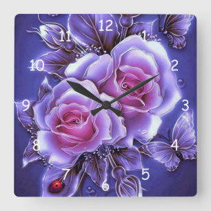 Reloj Cuadrado Beautiful Purple Neon Rose and Lady Bug
