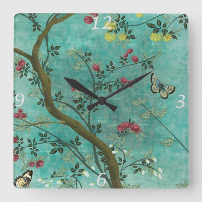 Reloj Cuadrado Beautiful vintage antique blossom tree butterflies (Anverso)