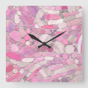 Reloj Cuadrado Bebbles Mosaic Art - Rosa Rubor Rosa