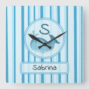 Reloj Cuadrado Bebé Ballena Adorable Rayas Azules