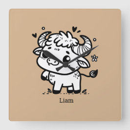 Reloj Cuadrado Bebé Búfalo Esponjoso - Animal de Granja Kawaii