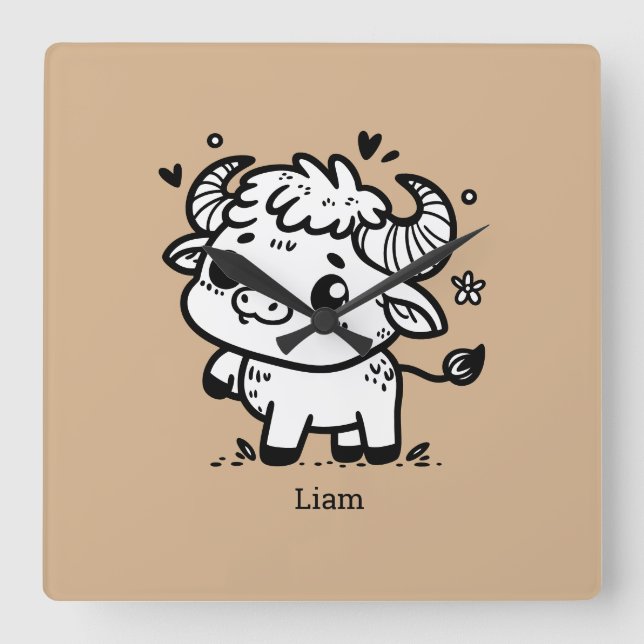 Reloj Cuadrado Bebé Búfalo Esponjoso - Animal de Granja Kawaii (Anverso)