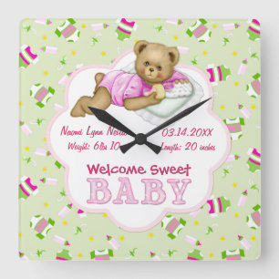Reloj Cuadrado Bebé chica Teddy Bear