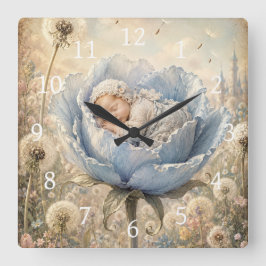 Reloj Cuadrado Bebé durmiendo en flor azul
