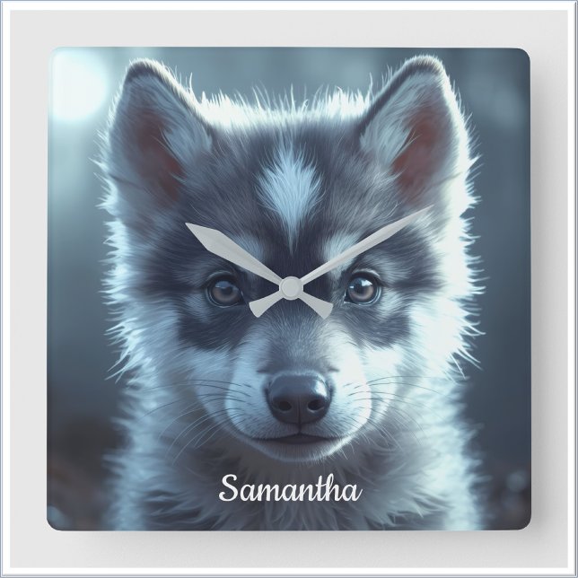 Reloj Cuadrado Bebé lobo adorable a la luz de la luna (Subido por el creador)