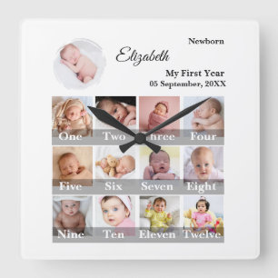 Reloj Cuadrado Bebé Primer Año Colaje de Fotos de 12 Meses Hitos