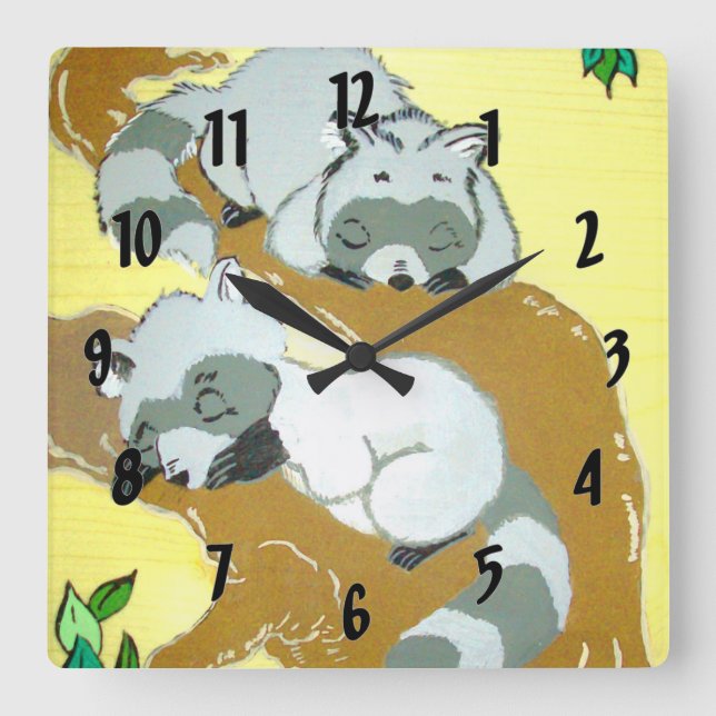 Reloj Cuadrado Bebé Raccoon durmiendo (Anverso)