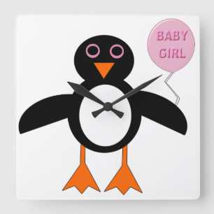 Reloj Cuadrado Bebé rosa lindo niña Pemguin Wall Clock