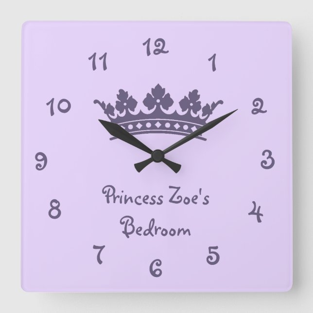 Reloj Cuadrado Bedroom de princesa Girl's púrpura personalizado (Anverso)