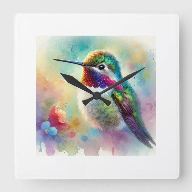Reloj Cuadrado Bee Hummingbird 020924AREF120 - Watercolor (Anverso)