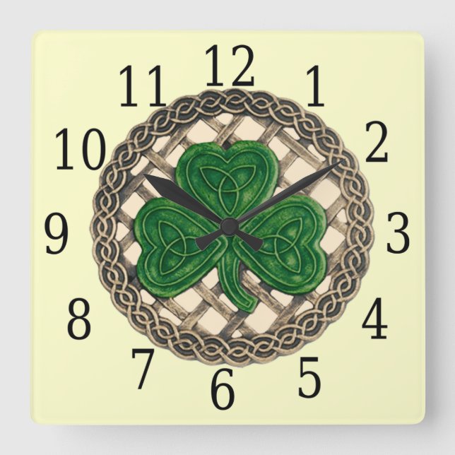 Reloj Cuadrado Beige Shamrock And Celtic Knots Square Clock (Anverso)
