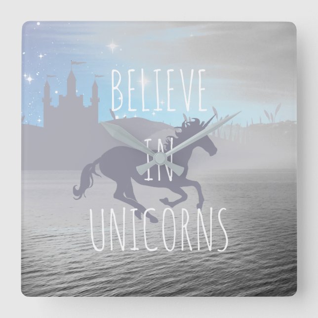 Reloj Cuadrado Believe in Unicorns Whimsical Art (Anverso)