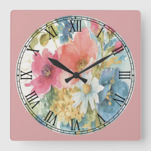 Reloj Cuadrado Bella Artes de las flores de color de agua pastel